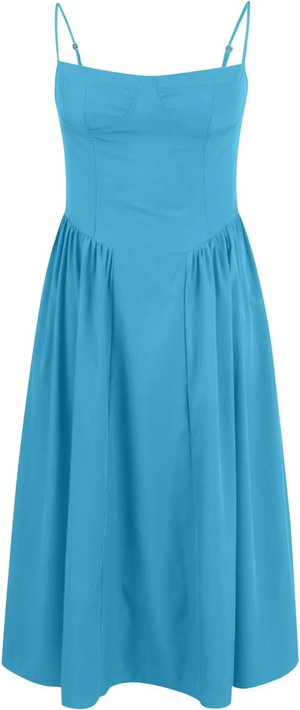 Sleeveless Corset Fit Midi Dress Women Sexy Elegant Spaghetti Strap Dress Flowy Pleated Hem Low Cut Milkmaid Dress