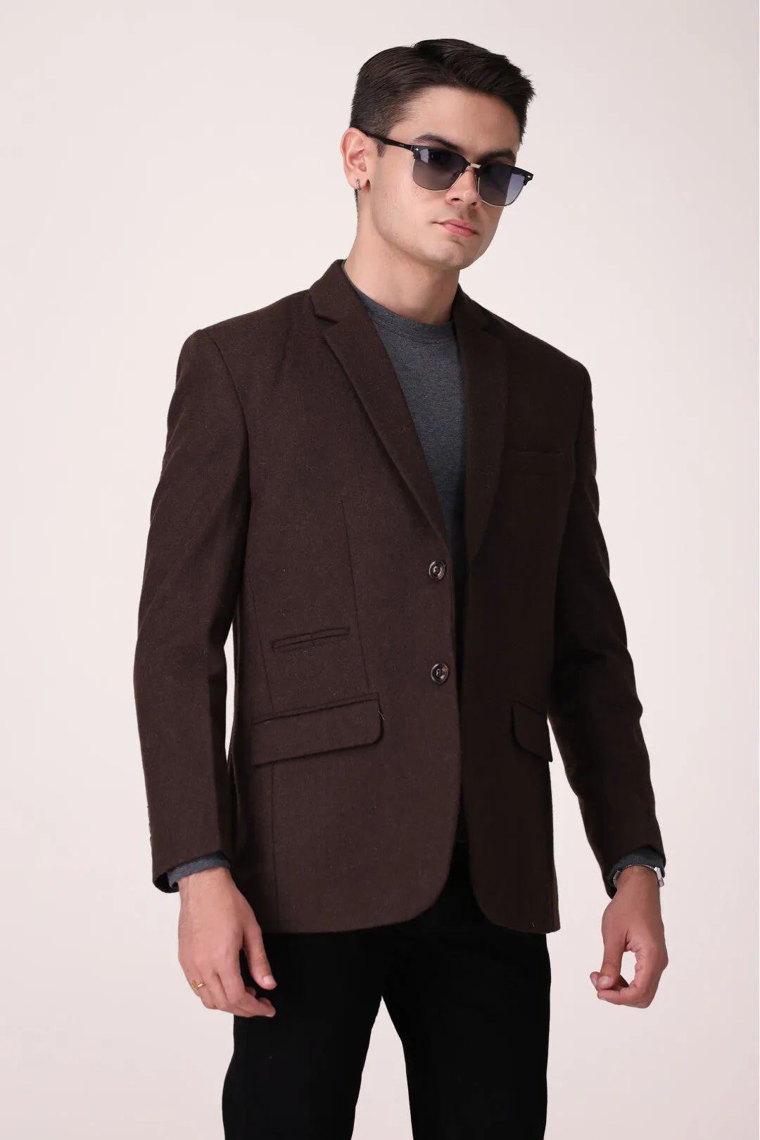SOLID BROWN  COAT REGULAR FIT