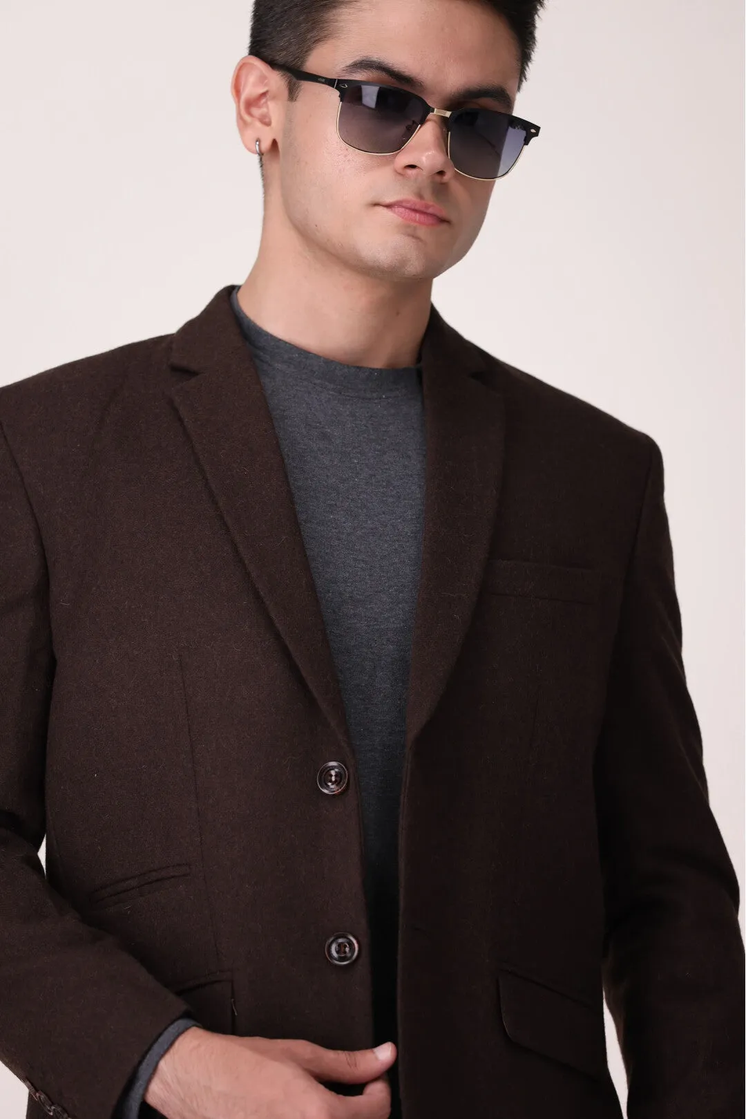 SOLID BROWN  COAT REGULAR FIT