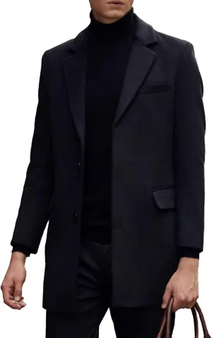 SOMTHRON Men's Mid Long Trench Coat Single Breasted Notched Collar Slim Fit Peacoat Winter Jacket Overcoat