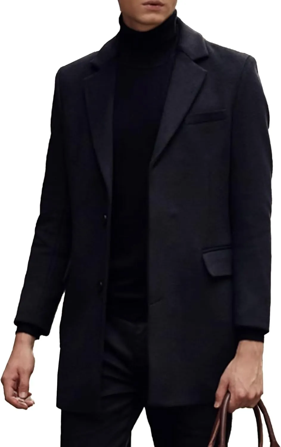 SOMTHRON Men's Mid Long Trench Coat Single Breasted Notched Collar Slim Fit Peacoat Winter Jacket Overcoat