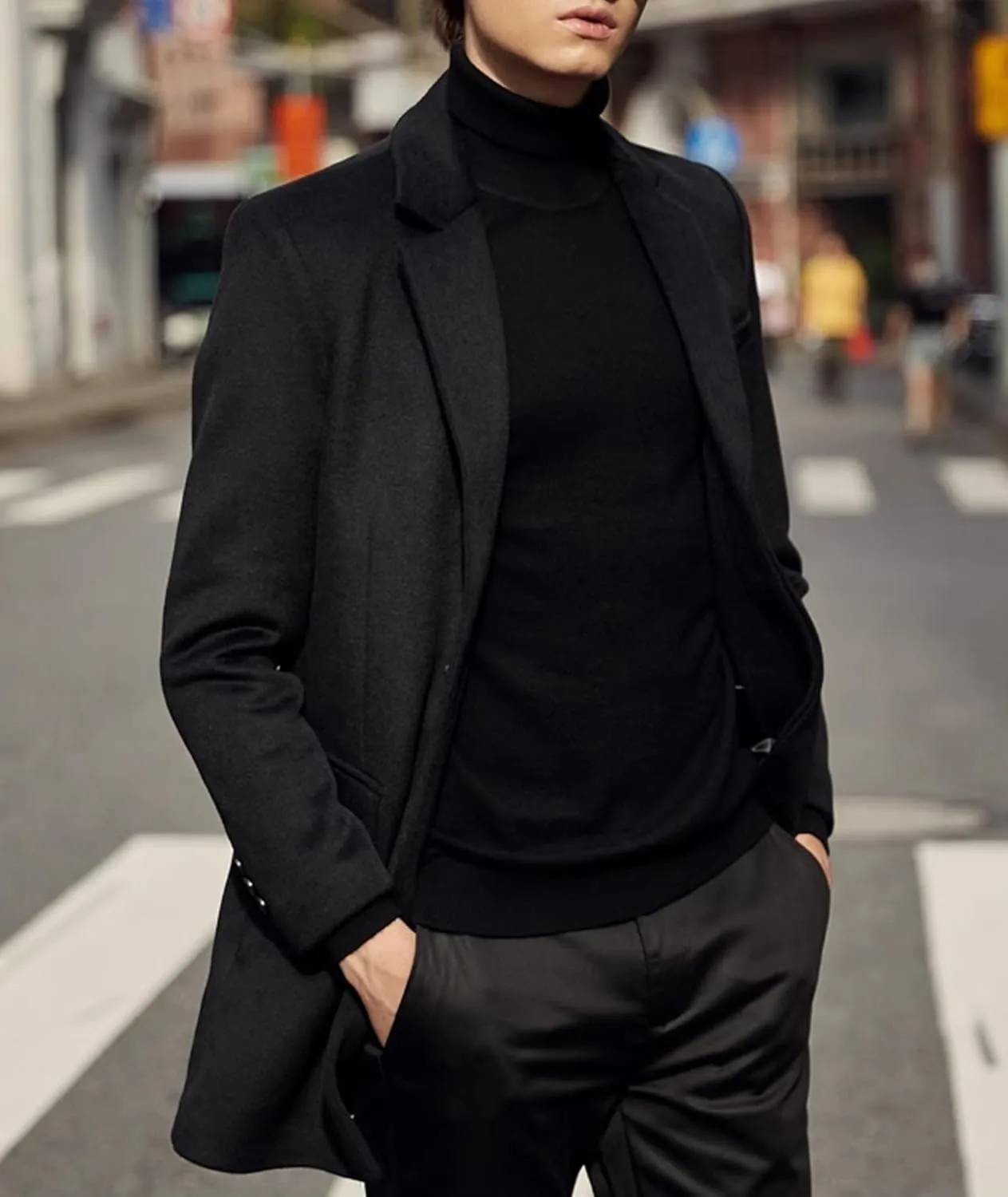 SOMTHRON Men's Mid Long Trench Coat Single Breasted Notched Collar Slim Fit Peacoat Winter Jacket Overcoat