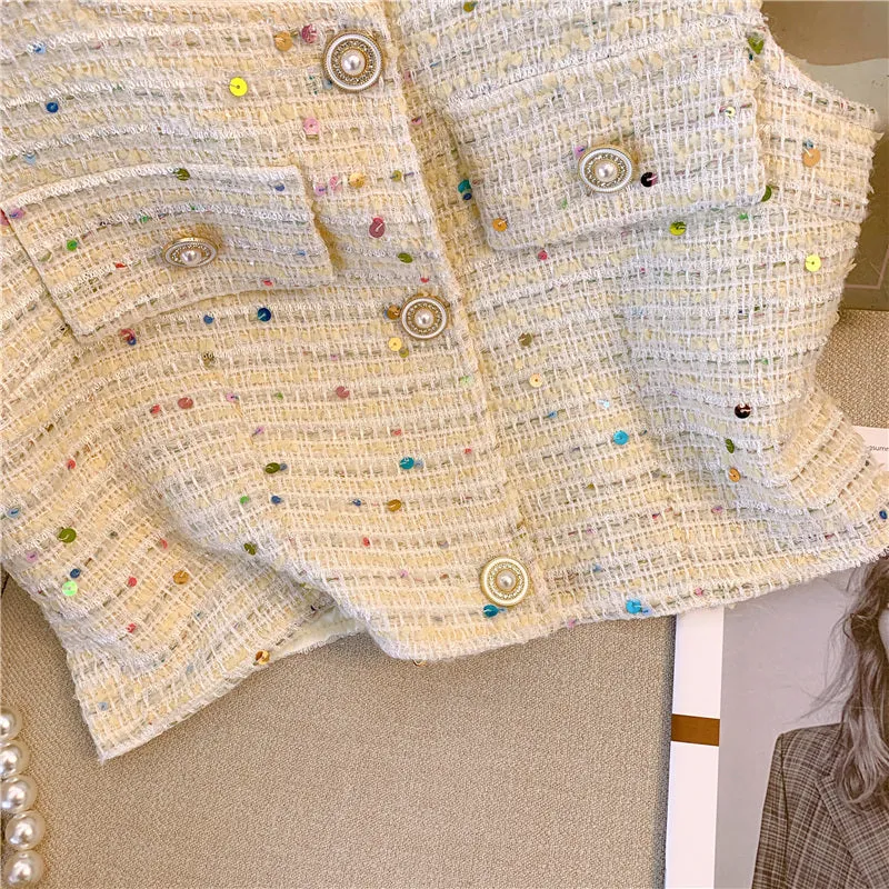 Tweed Sleeveless Cardigan with Pockets