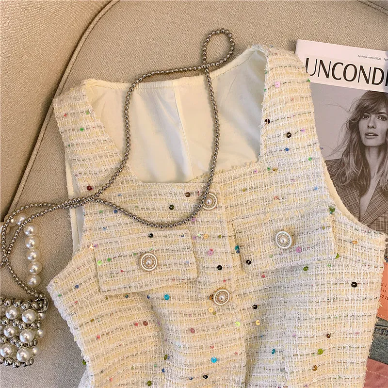 Tweed Sleeveless Cardigan with Pockets