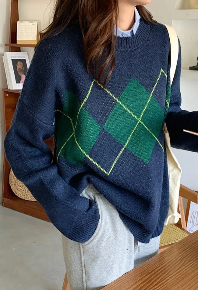 Wenkouban-Spring Casual Outfits Y2K Outfits Vintage Argyle Pullover Sweater