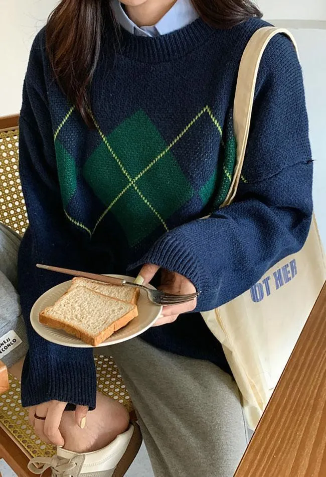Wenkouban-Spring Casual Outfits Y2K Outfits Vintage Argyle Pullover Sweater
