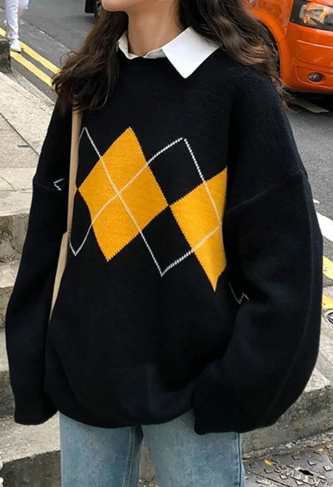 Wenkouban-Spring Casual Outfits Y2K Outfits Vintage Argyle Pullover Sweater