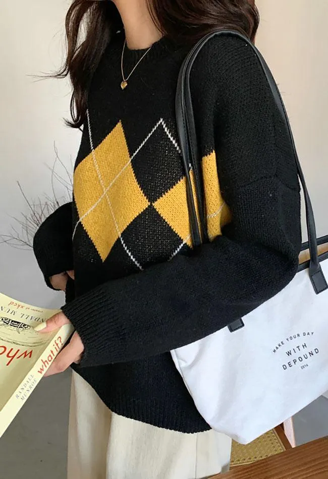 Wenkouban-Spring Casual Outfits Y2K Outfits Vintage Argyle Pullover Sweater