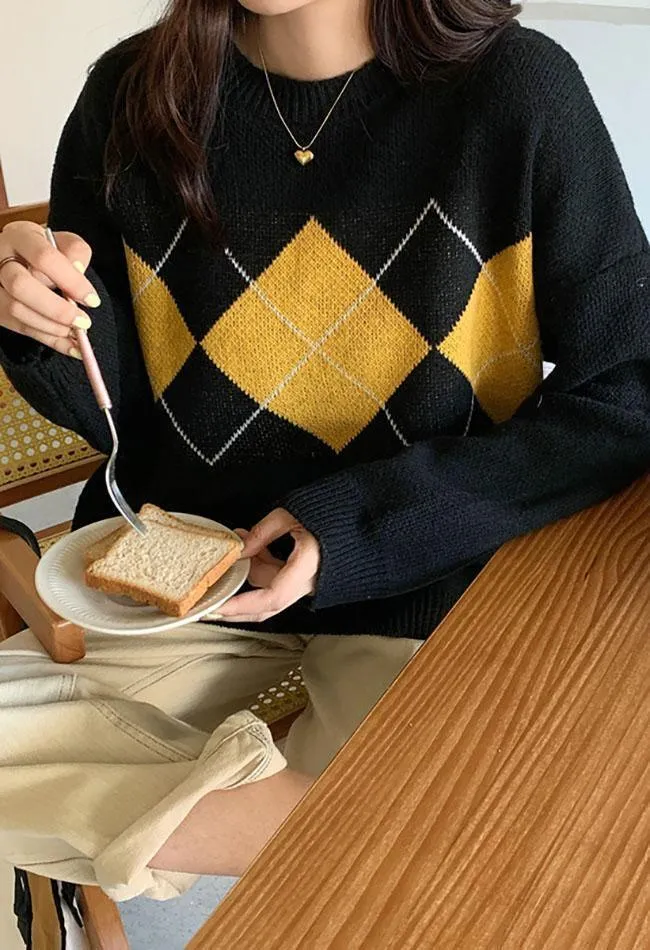 Wenkouban-Spring Casual Outfits Y2K Outfits Vintage Argyle Pullover Sweater