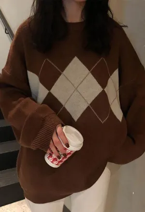 Wenkouban-Spring Casual Outfits Y2K Outfits Vintage Argyle Pullover Sweater