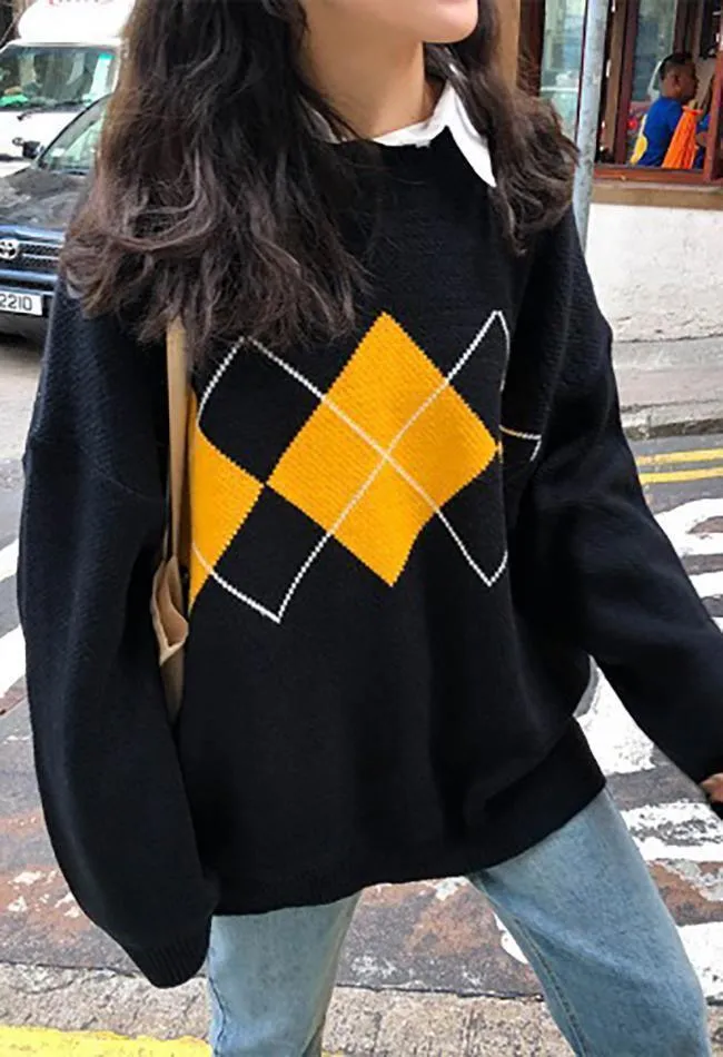 Wenkouban-Spring Casual Outfits Y2K Outfits Vintage Argyle Pullover Sweater