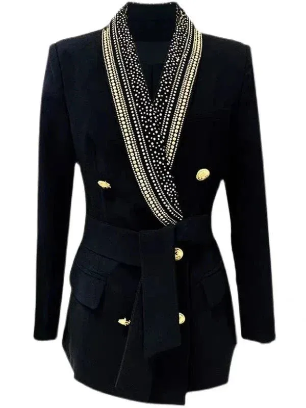 Wenkouban-Winter outfits Christmas Beaded Collar Lace-Up Double Breasted Dressy Blazer