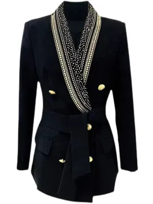Wenkouban-Winter outfits Christmas Beaded Collar Lace-Up Double Breasted Dressy Blazer