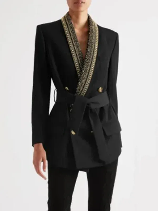 Wenkouban-Winter outfits Christmas Beaded Collar Lace-Up Double Breasted Dressy Blazer