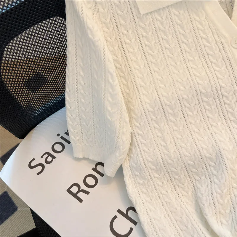 White Hollowed Knit Cardigan Top