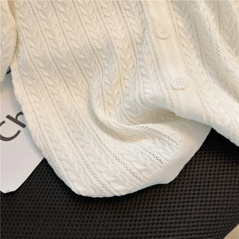 White Hollowed Knit Cardigan Top
