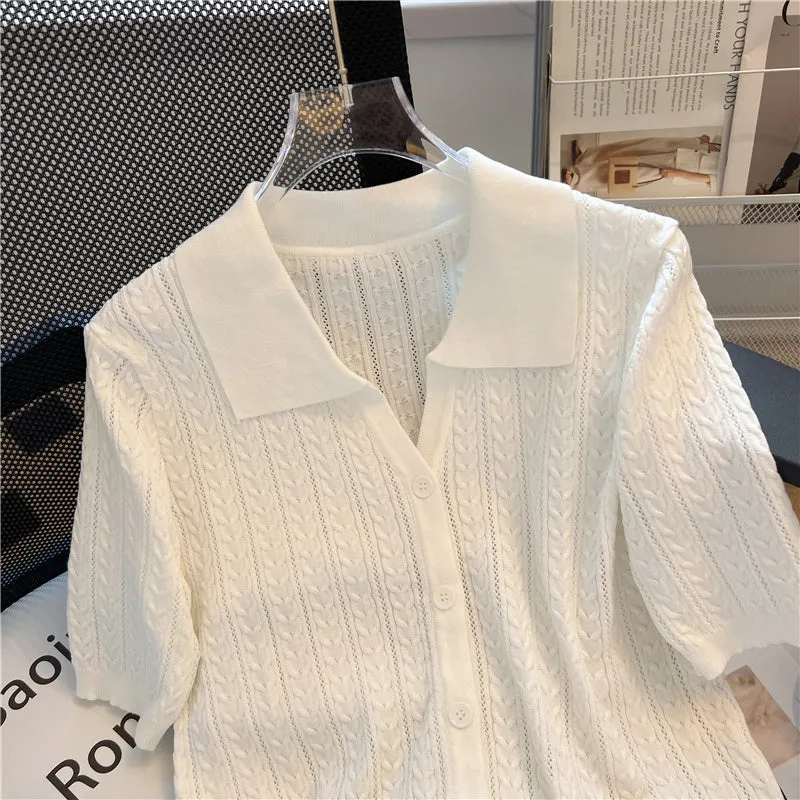 White Hollowed Knit Cardigan Top
