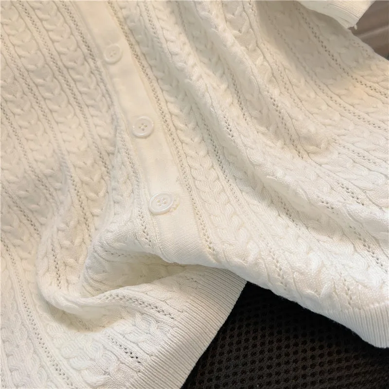 White Hollowed Knit Cardigan Top