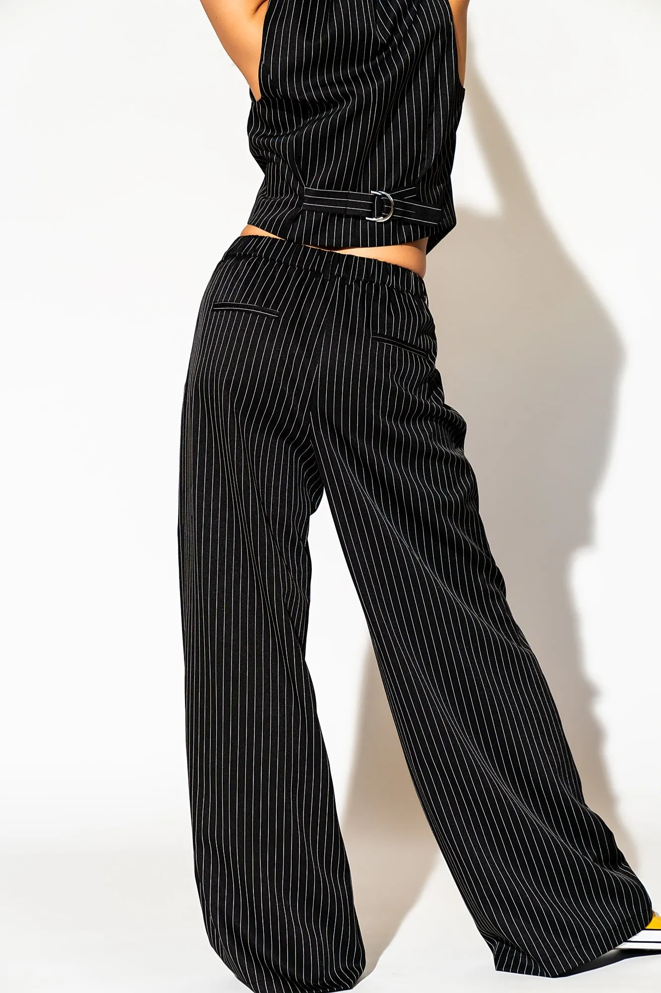 Wide Leg Trousers in Boss B*tch Pinstripe (Black)