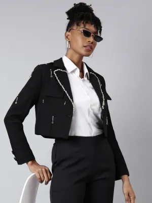 Women Black Embellished Single-Breasted Cotton Crop Blazer