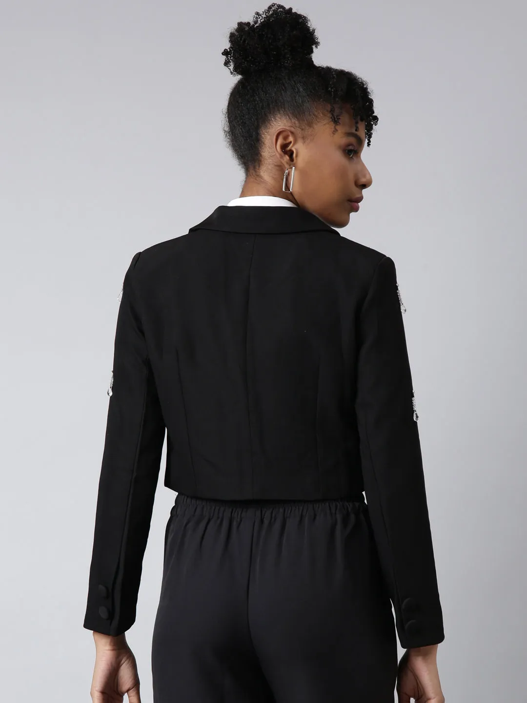 Women Black Embellished Single-Breasted Cotton Crop Blazer