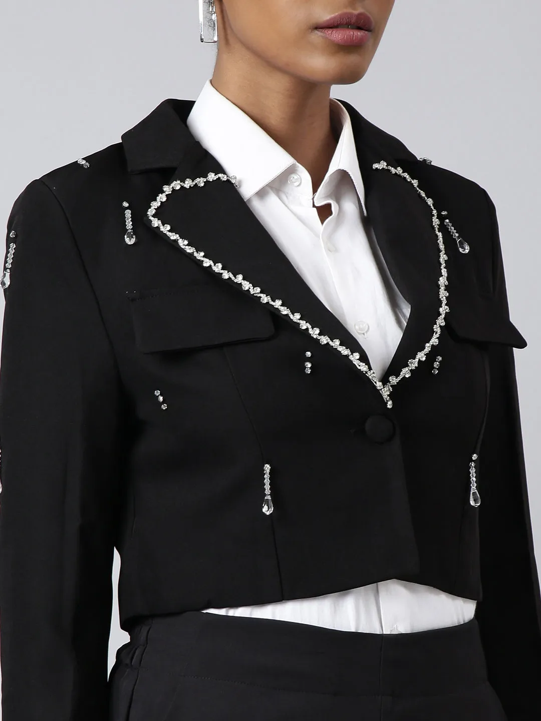 Women Black Embellished Single-Breasted Cotton Crop Blazer