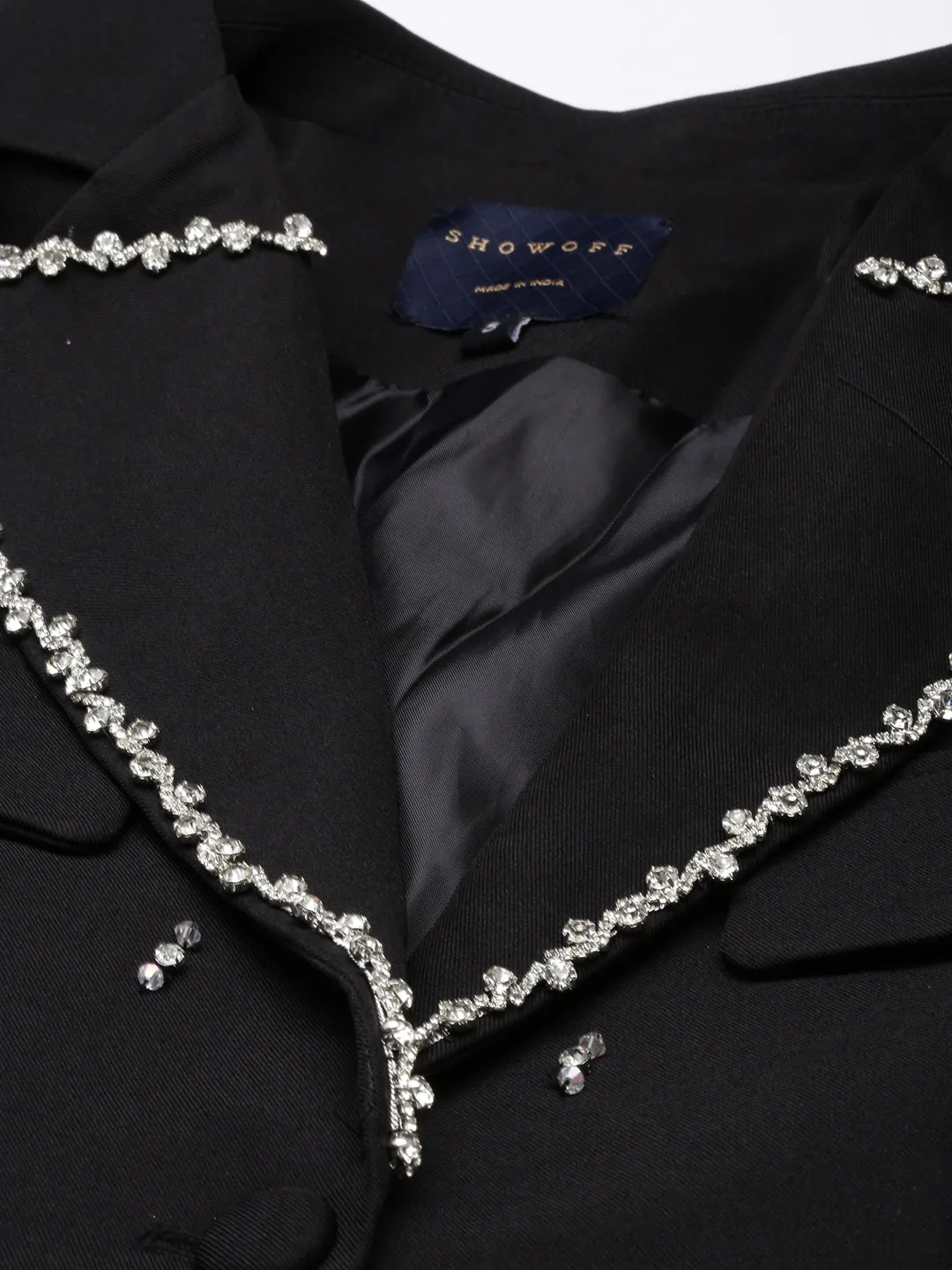 Women Black Embellished Single-Breasted Cotton Crop Blazer