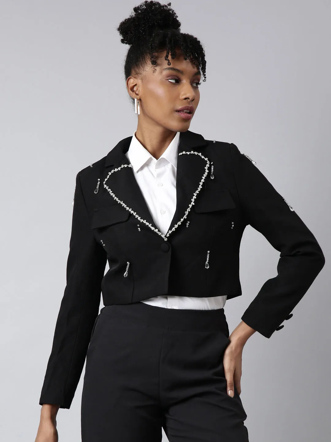 Women Black Embellished Single-Breasted Cotton Crop Blazer