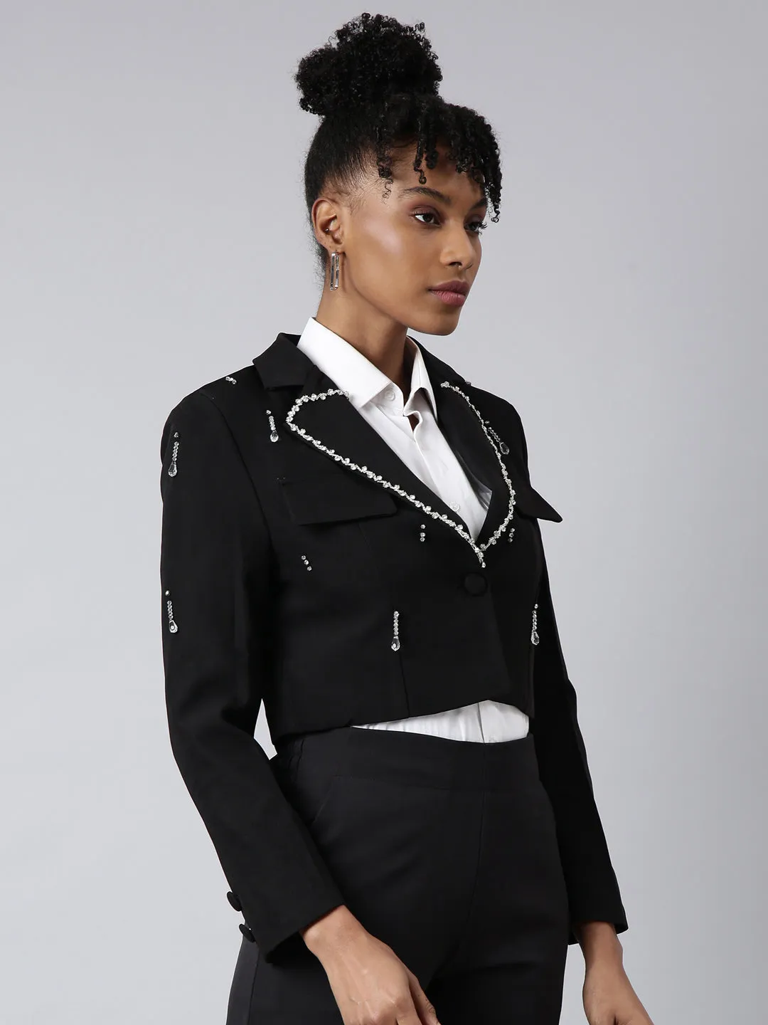 Women Black Embellished Single-Breasted Cotton Crop Blazer