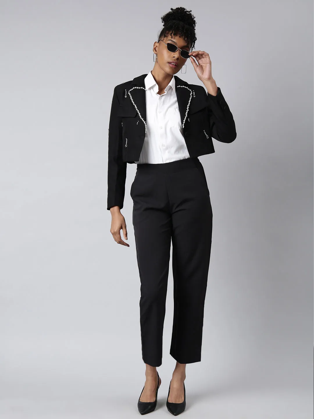 Women Black Embellished Single-Breasted Cotton Crop Blazer
