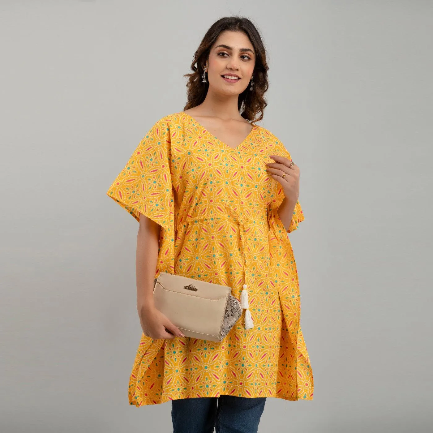Yellow Bandhani Print Cotton Kaftan Dress (SHKUP1231)