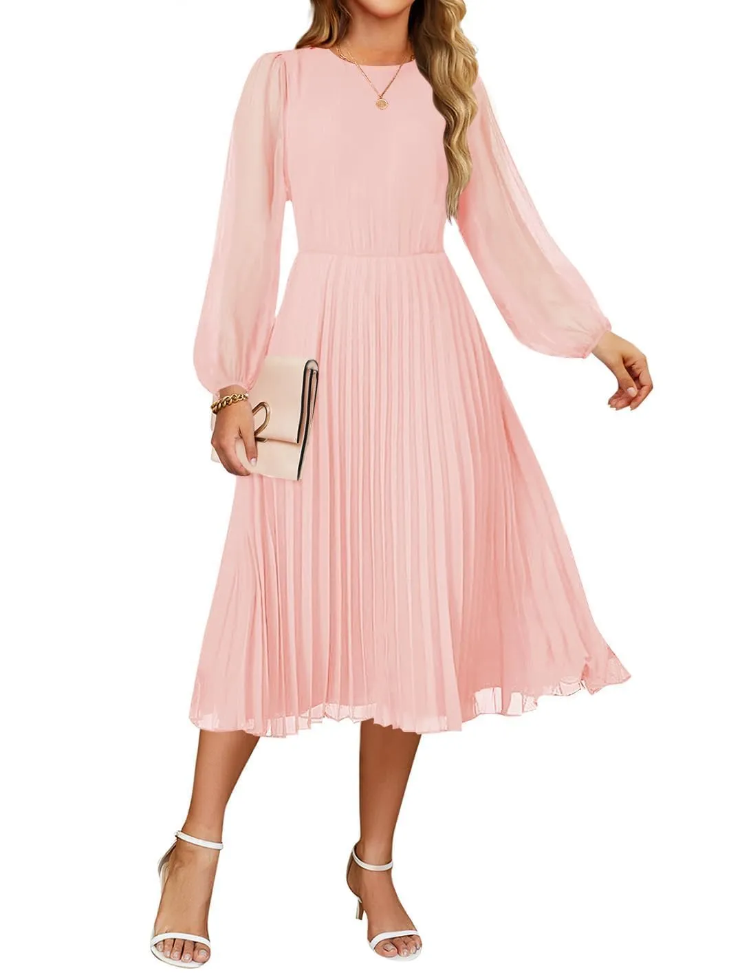 ZESICA Fall Crewnec Pleated A Line Cocktail Dress