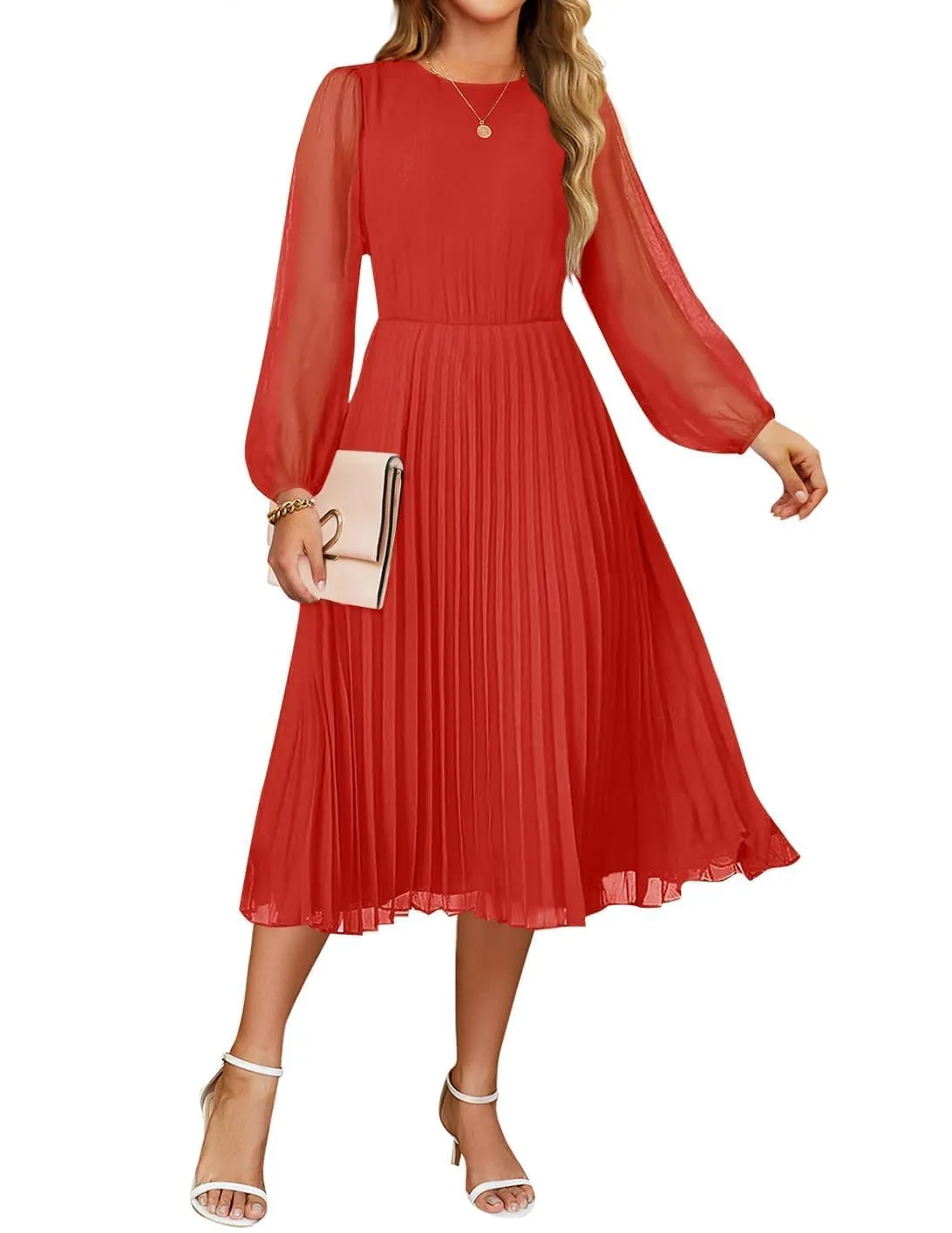 ZESICA Fall Crewnec Pleated A Line Cocktail Dress