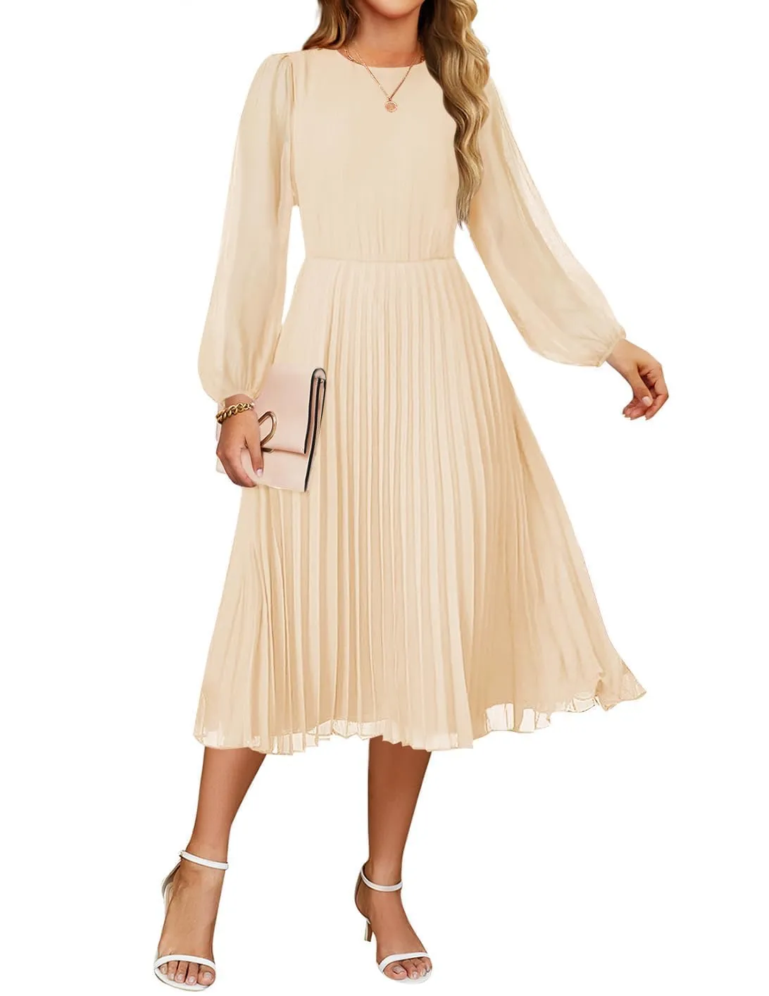 ZESICA Fall Crewnec Pleated A Line Cocktail Dress