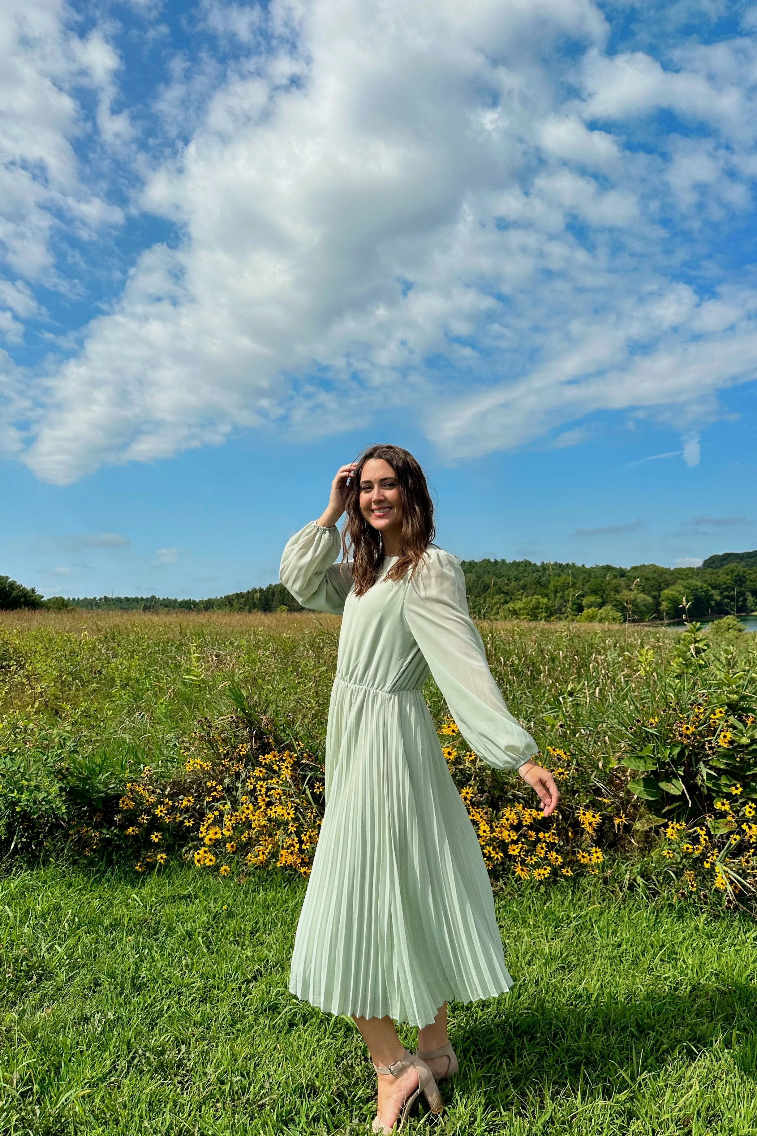 ZESICA Fall Crewnec Pleated A Line Cocktail Dress