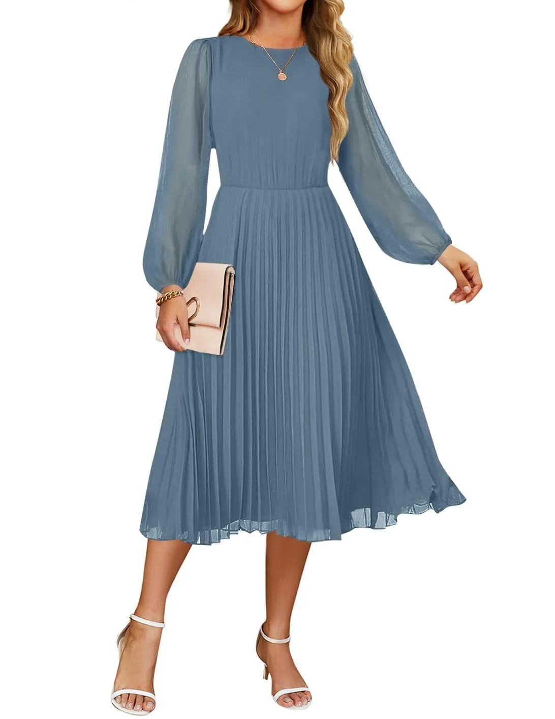 ZESICA Fall Crewnec Pleated A Line Cocktail Dress