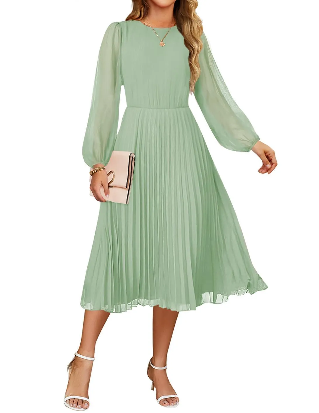 ZESICA Fall Crewnec Pleated A Line Cocktail Dress