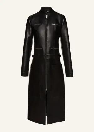 Zip up leather coat in black